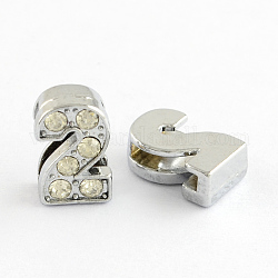 Zinc Alloy Rhinestone Number Slide Charms, Platinum, Num.2, 11.5x7x5mm, Hole: 8x2mm