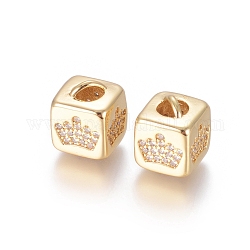 Perles de zircone cubique micro pave en Laiton, Plaqué longue durée, cube avec motif couronne, or, clair, or, 10x8x8.5mm, trou: 1.5x3.5 mm et 4 mm