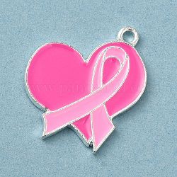 Pendenti in smalto in lega a tema nastro rosa per la consapevolezza del cancro al seno, argento, cuore, 22x20x1.5mm, Foro: 1.5 mm