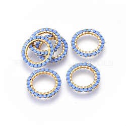MIYUKI & TOHO Handmade Japanese Seed Beads, with 304 Stainless Steel Link Rings, Loom Pattern, Ring, Golden, Cornflower Blue, 14.5~15x1.7mm