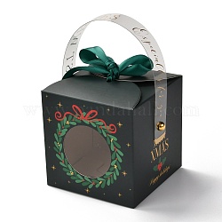 Рождественские складные подарочные коробки, с прозрачным окном и лентой, подарочные пакеты, на подарки конфеты печенье, Рождественский венок, 9x9x15 см