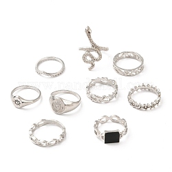 Conjuntos de anillos de dedo de aleación de zinc, hueco, plano redondo y rectángulo y serpiente y estrella, plata antigua y platino, 1.5~29mm, diámetro interior: 16~18 mm, 9 PC / sistema