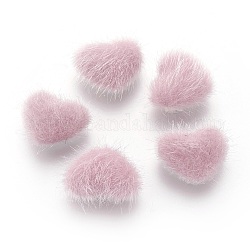 Кабошоны из искусственного меха норки, с днищем из сплава, сердце, серебристый цвет, розовые, 14x17x6.5 мм