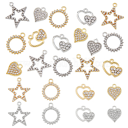SUPERFINDINGS 40Pcs 8 Style Alloy Rhinestone Pendants, with Crystal Rhinestone, Star & Heart & Heart Charms, Platinum & Golden, 13.5~23x15~21x1.5~2mm, Hole: 1.5~2mm, 2Pcs/style