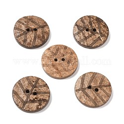Boutons de noix de coco avec 2-trou, rond plat avec motif veiné de feuille, chameau, 25x4.5mm, Trou: 2mm
