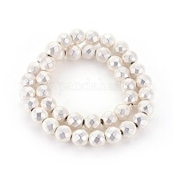 Electroplated Non-magnetic Synthetic Hematite Beads Strands, Frosted, Faceted, Round, Silver Plated, 10mm, Hole: 1.4mm, about 42pcs/strand, 15.74 inch(40cm)