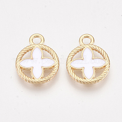 Alloy Pendants, Cadmium Free & Lead Free, with Enamel, Flat Round with Flower, Light Gold, White, 16x13x1.5mm, Hole: 2mm