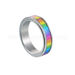 Anello rotante rettangolo smaltato con bandiera dell'orgoglio color arcobaleno, anello spinner fidge in acciaio inossidabile per alleviare l'ansia da stress, colore acciaio inossidabile, misura degli stati uniti 9 (18.9mm)
