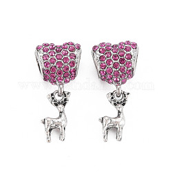 Rack Plating Alloy European Dangle Charms, with Rhinestone, Large Hole Beads, Cadmium Free & Nickel Free & Lead Free, Heart with Deer, Platinum, Fuchsia, 25.5x12x8mm, Hole: 5mm