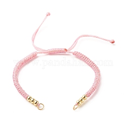 Fabricación de pulsera de cordón de poliéster trenzado ajustable, con 304 anillos de salto de acero inoxidable, Abalorios de cobre amarillo redondos, rosa perla, 7-1/8 pulgada (18 cm)