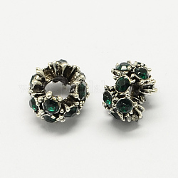 Legierung Rhinestone European Beads, Blume Perlen mit großem Loch, Antik Silber Farbe, Smaragd, 12x8 mm, Bohrung: 5 mm