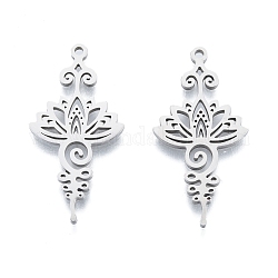 201 Stainless Steel Pendant,  Hollow Charms, Flower, Stainless Steel Color, 33.5x17x1.5mm, Hole: 1.5mm