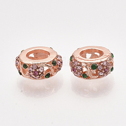 Perles européennes en alliage, Perles avec un grand trou   , avec des strass, rondelle plate avec fleur, colorées, or rose, 10.5x4.5mm, Trou: 5mm