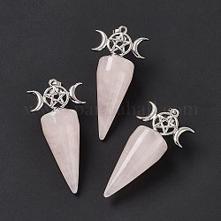 Natural Rose Quartz Pendants, Cone Charms, with Platinum Tone Brass Triple Moon with Star Findings, Cadmium Free & Nickel Free & Lead Free, 47~50x23x14.5~15mm, Hole: 7.5x5mm