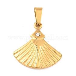 Ion Plating(IP) 304 Stainless Steel Pendant with Rhinestone, Fan Charms, Golden, 19x17.5x2.5mm, Hole: 6.5x2.5mm
