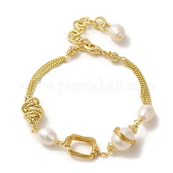 Bracciale a maglie rettangolari avvolte in filo di ottone, con perle naturali, vero placcato oro 14k, 7-3/8 pollice (18.6 cm)