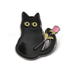 Alloy Brooches, Enamel Pins, for Backpack Cloth, Cat with Rose, Black, 30.5x29x1.5mm