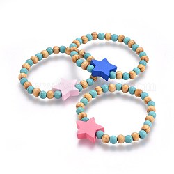 Braccialetti elasticizzati per bambini in legno, con turchese sintetico, stella, colore misto, 1-5/8 pollice (4.2 cm)