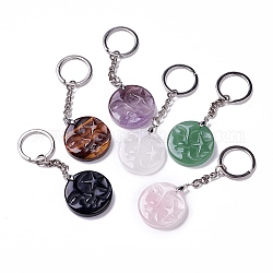 Porte-clés pendentif rond plat avec lune et étoile en pierre naturelle, avec accessoires en alliage & en laiton, 3.50 pouce (8.9 cm)