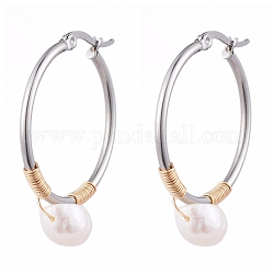 Wire Wrapped 201 Stainless Steel Big Hoop Earrings, with Natural Baroque Pearl Keshi Pearl Beads, Ring Shape, Stainless Steel Color, 38.5x30x2~2.5mm, Pin: 0.5x1.5mm