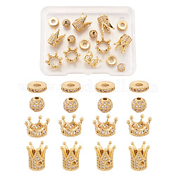 Perle di zirconi cubici trasparenti in micro pavè di ottone, corona e tondo e tondo piatto, oro, 6~13x2~10mm, Foro: 1~7 mm, 16pcs/scatola