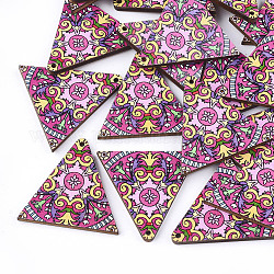 Printed Basswood Pendants, Back Random Color, Triangle, Colorful, 32x34x3mm, Hole: 1.5mm