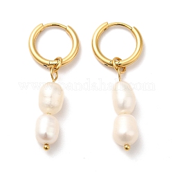Orecchini a cerchio pendenti con doppia perla naturale, oro 304 gioielli in acciaio inossidabile per le donne, oro, 38mm, ago :1mm