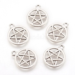 Tibetan Style Alloy Flat Round with Star Charms, Wicca Charms, Pentacle, Lead Free, Antique Silver, 20.5x16.9x1.7mm, Hole: 2.2mm