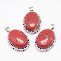 Natural Red Jasper Pendants, with Brass Findings, Oval, Platinum, 30x21x10~11mm, Hole: 6x4mm