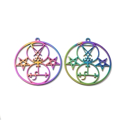 Ionenbeschichtung (IP) 304 Edelstahlanhänger, flach rund mit Satanssymbol und Sternanhänger, Regenbogen-Farb, 38x35x1 mm, Bohrung: 2 mm