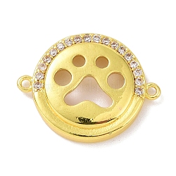 Dijes de conector de circonio cúbico micro pavé de latón chapado en oro real de 18k, redondo plano con eslabones de huellas huecas, Claro, 15x19x3mm, agujero: 1.1 mm