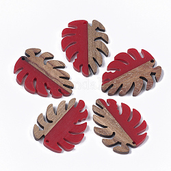 Pendenti in resina e legno di noce, ciondoli con foglie tropicali, foglia di monstera, rosso, 37.5x30x3~3.5mm, Foro: 2 mm