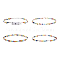 4 pièces 4 mots de style fun acrylique et perles de verre bracelets extensibles ensemble pour les femmes, couleur mixte, diamètre intérieur: 2-1/8 pouce (5.25~5.5 cm), 1pc / style