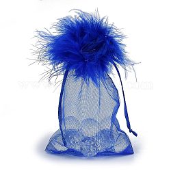 Pochette organza pour cadeaux, avec cordon de serrage et plume, bijoux pochettes sacs, pour les sacs en filet de bonbons de noce, rectangle, bleu, 15x10.5x0.08 cm