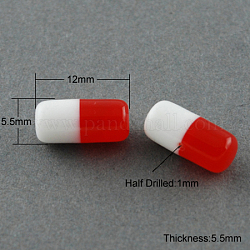 Half Dirlled Resin Column Beads, Pill, Red, 12x5.5x5.5mm, Hole: 1mm