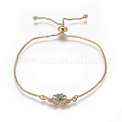 Adjustable Brass Bolo Bracelets, Slider Bracelets, Box Chains, with Synthetic Opal and Cubic Zirconia, Swan with Heart, Golden, Green, 9-5/8 inch(24.5cm), 1mm