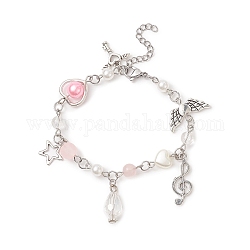 Charm-Armband aus Legierung mit Stern, Herz und Musiknote, Perlenarmband aus Acryl- und ABS-Kunststoffimitationsperlen für Damen, rosa, 7 Zoll (17.8 cm)