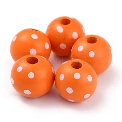 Perle di legno naturali tinte, perline macramè foro grande, tondo a pois, arancio rosso, 16x15mm, Foro: 4 mm