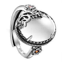 Shegrace 925 anillos ajustables de plata esterlina, con ojo de gato, ovalada con flores, plata antigua, blanco, diámetro interior: 19 mm