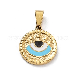 Ion Plating(IP) 304 Stainless Steel Pendants, with Enamel, Golden, Flat Round with Evil Eye Charm, Light Sky Blue, 18.5x16.5x2mm, Hole: 7.5x3.5mm