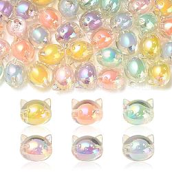 60 pièces 6 couleurs placage uv arc-en-ciel perles acryliques irisées, perle bicolore en perle, chat, couleur mixte, 16x18.5x14.5mm, Trou: 3.5mm, 10 pcs / couleur