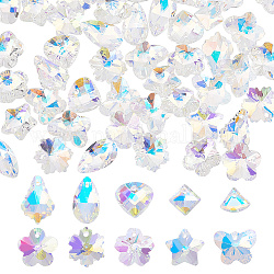 AHADERMAKER 60Pcs 10 Style Faceted Glass Pendants, AB Color, Snowflake & Heart & Flower & Fan & Teardrop Shape, Clear AB, 8.5~16.5x9~15x3~8mm, Hole: 1~1.5mm, 6Pcs/style
