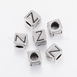 304 perline europee di grandi dimensioni in acciaio inossidabile, cubo con letter.z, argento antico, 8x8x8mm, Foro: 5 mm