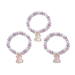 3pcs ensemble de bracelets extensibles perlés ronds en verre de 3 couleurs, Bracelets empilables de breloques d'ours en résine avec strass pour femmes, couleur mixte, diamètre intérieur: 2-1/4 pouce (5.55 cm), 1 pc / couleur