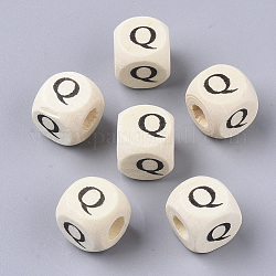 Printed Natural Wood Beads, Horizontal Hole, Cube with Initial Letter, PapayaWhip, Letter.Q, 10x10x10mm, Hole: 3.5mm
