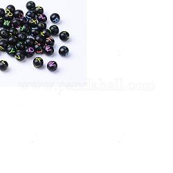 Perles acryliques artisanales noires, rond avec lettre de couleur mélangée, 7~8mm, Trou: 1.5mm