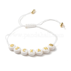 Bracelet en perles tressées rondes plates en acrylique avec lettres pour femmes, blanc, diamètre intérieur: 3/4~3 7/8 pouces (2~9.7 cm)
