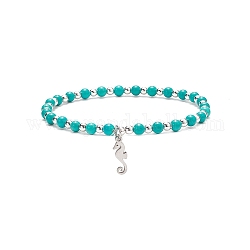 Bracelet extensible en perles d'howlite naturelle avec 304 breloque hippocampe en acier inoxydable, bijoux en pierres précieuses pour femmes, turquoise, diamètre intérieur: 2-3/8 pouce (6 cm)