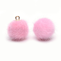 Pendenti ricoperti di pelliccia di visone fatti a mano, con accessori in lega, tondo, oro, perla rosa, 16~17x13.5~14mm, Foro: 1.5 mm