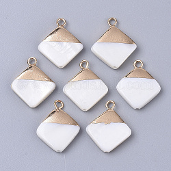 Electroplate Freshwater Shell Pendants, for DIY Jewelry Making, with Top Golden Plated Brass Loops and Half Drilled, Rhombus, Seashell Color, 18x15x3mm, Hole: 0.8mm, Diagonal Length: 18mm, Side Length: 12mm